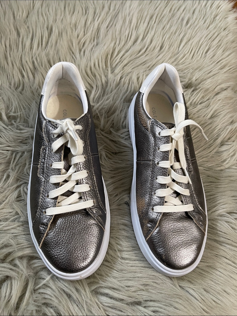Cole Haan Metallic Pewter Lace-Up Sneakers with White Soles